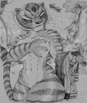  2022 absurd_res anthro bathing big_breasts blush breasts clothing covering covering_breasts covering_self dreamworks felid female ghosttheplatinum hi_res kung_fu_panda looking_angry looking_aside mammal master_tigress nude outside pantherine solo tiger 