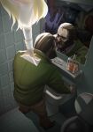  1boy 1girl 5others alcohol bathroom blazer blush bottle brown_hair character_request check_character clenched_hand commentary different_reflection disco_elysium dolores_dei electrochemistry_(disco_elysium) encyclopedia_(disco_elysium) english_commentary facial_hair full_body furrowed_brow green_jacket hair_slicked_back half_light_(disco_elysium) hand_on_another's_back harry_du_bois highres indoors jacket male_focus multiple_others multiple_persona mutton_chops nose_blush nurve26 out_of_frame outstretched_arm reflection saliva sink spread_legs tile_wall tiles toilet volition_(disco_elysium) 