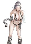  1girl animal_ears blue_eyes blush breasts cleavage earrings jewelry jikihatiman large_breasts long_hair looking_at_viewer loose_socks navel open_mouth original ponytail silver_hair simple_background solo tail teeth tiger_ears tiger_tail white_background 