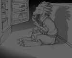  3_toes 4_fingers 5:4 alien ambiguous_gender anthro appliance arm_feathers avian avian_caruncle beak benji_(artist) bucket_of_chicken caught_in_the_act claws clothed clothing comb_(anatomy) digitigrade eating eating_food feather_hair feathered_crest feathers feet finger_claws fingers food fridge halo_(series) head_crest hi_res kig-yar kitchen_appliance looking_at_viewer microsoft monochrome pseudo_hair pupils scalie scut_tail shaded short_tail sitting slit_pupils solo t'vaoan tail toe_claws toes xbox_game_studios 