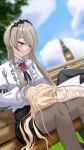  2girls bench blonde_hair commentary durandal_(honkai_impact) english_commentary flower grey_hair hairband highres honkai_(series) honkai_impact_3rd long_hair multiple_girls nyeppu rita_rossweisse rita_rossweisse_(summer_night's_dream) rose sleeping sleeping_on_person thighhighs yuri 
