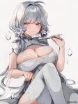  1girl absurdres ahoge artist_name azur_lane bangs blue_eyes breasts china_dress chinese_clothes cleavage_cutout clothing_cutout commentary crossed_legs dolechan dress eyebrows_visible_through_hair feet_out_of_frame flower grey_background grey_hair grey_legwear grey_nails grin hair_flower hair_intakes hair_ornament highres holding illustrious_(azur_lane) illustrious_(maiden_lily&#039;s_radiance)_(azur_lane) large_breasts light_blush long_hair looking_at_viewer official_alternate_costume seductive_smile short_sleeves sidelocks simple_background sitting smile solo swept_bangs teeth thighhighs water_drop 