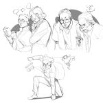  2boys blazer bomber_jacket commentary dice disco_elysium english_commentary facial_hair full_body glasses greyscale hair_slicked_back harry_du_bois highres holding holding_notebook holding_pen jacket kim_kitsuragi monochrome multiple_boys mutton_chops notebook nurve26 on_one_knee pen short_hair speech_bubble upper_body wind wind_lift 