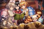  3girls absurdres animal_ears bed black_eyes black_gloves black_hair black_legwear blush book cargo_shorts character_doll closed_mouth common_raccoon_(kemono_friends) elbow_gloves fennec_(kemono_friends) gloves highres holding holding_book indoors kaban_(kemono_friends) kemono_friends looking_away lucky_beast_(kemono_friends) multiple_girls neukkom night open_book orange_eyes orange_gloves orange_hair pantyhose parted_lips pillow serval_(kemono_friends) serval_print short_hair shorts sitting smile tail wavy_hair white_gloves white_hair white_serval_(kemono_friends) window 