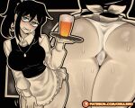  1girl alcohol apron ass ass_focus beer black_hair black_vest blush breasts clothes_pull commentary cup embarrassed english_commentary green_eyes hair_between_eyes highres holding holding_tray large_breasts looking_at_viewer medium_hair motion_lines multiple_views open_mouth osulan panties pantyshot ponytail renee_graves shirt skirt skirt_pull sweat the_coffin_of_andy_and_leyley tray underwear vest waitress white_apron white_shirt 