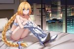  1girl absurdres alternate_costume bandeau black_choker blonde_hair blue_eyes boots braid building choker cityscape fate/apocrypha fate_(series) haimei1980 high_heel_boots high_heels highres indoors jeanne_d&#039;arc_(fate) jeanne_d&#039;arc_(fate/apocrypha) knee_boots long_braid long_hair night on_bed pillow silver_footwear silver_gloves single_braid sitting sitting_on_bed skyscraper smile solo very_long_hair window 