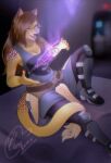  anthro blue_eyes brown_hair clothed clothing diamond_hellhiem female fur hair hi_res hybrid lightsaber melee_weapon multicolored_body multicolored_fur pimmie purple_glow purple_spots solo spots star_wars tail_around_partner weapon 