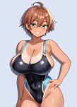  1girl ahoge asanagi_shion bare_arms black_one-piece_swimsuit breasts brown_hair cleavage collarbone commentary_request competition_swimsuit covered_navel green_eyes grey_background grin hair_between_eyes hand_on_own_hip highres large_breasts looking_at_viewer one-piece_swimsuit original shiny_skin short_hair smile solo standing swimsuit tan tanlines teeth 