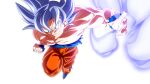  1boy battle_damage blue_footwear dragon_ball dragon_ball_super incoming_attack incoming_punch male_focus orange_pants pants punching reaching rom_(20) simple_background solo son_goku torn_clothes ultra_instinct white_background 
