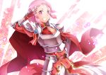  1girl absurdres adapted_costume armor armored_dress breastplate cape dress dutch_angle freckles gauntlets grin hand_on_hip highres lisbeth looking_at_viewer oboro_neko pink_hair red_cape red_dress red_eyes salute shiny shiny_hair short_hair shoulder_armor smile solo sword_art_online 