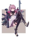  1girl absurdres ar-15 assault_rifle bangs black_legwear blush boots closed_mouth dress eyebrows_visible_through_hair full_body girls&#039;_frontline gloves grey_footwear gun highres holding holding_gun holding_weapon long_hair looking_at_viewer mod3_(girls&#039;_frontline) pink_hair purple_eyes reraise rifle side_ponytail simple_background single_glove sitting smile solo st_ar-15_(girls&#039;_frontline) thighhighs weapon 