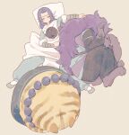  4boys black_cat black_hair black_pants blanket blush cat closed_eyes fengxi_(the_legend_of_luoxiaohei) from_above furry highres jewelry long_hair long_sleeves luoxiaohei miya_(ete) multiple_boys necklace no_nose pants pillow purple_hair simple_background sleeping tan_background the_legend_of_luo_xiaohei tianhu_(the_legend_of_luoxiaohei) wuxian_(the_legend_of_luoxiaohei) 