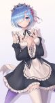  1girl bangs bare_shoulders black_dress black_ribbon blue_eyes blue_hair blush breasts cleavage detached_sleeves dress frilled_dress frills grey_background hair_ornament hair_over_one_eye hair_ribbon hands_up highres juliet_sleeves long_sleeves looking_at_viewer maid maid_headdress medium_breasts neck_ribbon own_hands_together puffy_sleeves re:zero_kara_hajimeru_isekai_seikatsu rem_(re:zero) ribbon roswaal_mansion_maid_uniform seungju_lee short_hair simple_background smile solo white_background x_hair_ornament 