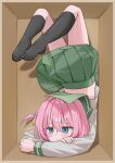  1girl absurdres black_skirt blue_eyes blush bocchi_the_rock! closed_mouth commentary cube_hair_ornament english_commentary gotoh_hitori green_sailor_collar green_skirt hair_between_eyes hair_ornament highres kneehighs long_sleeves no_shoes one_side_up pink_hair pleated_skirt rounizm sailor_collar school_uniform serafuku shirt short_hair skirt socks solo white_shirt 