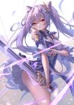  1girl absurdres ass bare_legs bare_shoulders braid breasts choker cleavage detached_sleeves double_bun dress flower genshin_impact gloves hair_cones hair_ornament hairpin highres holding holding_sword holding_weapon keqing_(genshin_impact) legs light_rays long_hair looking_at_viewer medium_breasts neck_tassel purple_dress purple_eyes purple_hair signature skirt solo standing sword thighs torn_clothes twintails v-shaped_eyebrows weapon white_flower yelan_xing_xuan 