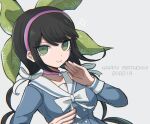  1girl 8takenokonosato8 bangs black_hair breasts chabashira_tenko choker collarbone danganronpa_(series) danganronpa_v3:_killing_harmony dated green_eyes green_hairband grey_background hair_ornament hair_ribbon hairband hand_up happy_birthday long_hair long_sleeves looking_at_viewer medium_breasts mole mole_under_mouth pink_choker ribbon school_uniform simple_background skirt smile twintails upper_body white_ribbon 