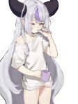  1girl :i absurdres ahoge artistic_error ayeon black_horns blush bottomless brushing_teeth closed_mouth cowboy_shot cup demon_girl demon_horns erection flat_chest foreskin futanari half-closed_eye highres holding holding_cup holding_toothbrush hololive horns korean_text la+_darknesss large_horns long_hair looking_ahead morning_wood multicolored_hair one_eye_closed penis petite pointy_ears purple_streaks shirt short_sleeves simple_background single_hair_streak single_off_shoulder sleepy small_penis solo sound_effects squeans standing streaked_hair t-shirt tears testicles toothbrush toothbrush_in_mouth translation_request two-tone_hair uncensored very_long_hair virtual_youtuber white_background white_hair white_shirt yellow_eyes 