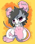  0_1227_0 alibi_(character) ambiguous_gender buckteeth chest_tuft chibi claws digital_media_(artwork) ear_piercing facial_piercing fur grey_body grey_fur grey_hair hair hi_res hindpaw industrial_piercing kemono mammal murid murine nose_piercing nose_ring paws piercing pink_eyes raised_foot rat rat_tail rodent solo spots spotted_body spotted_fur teeth tuft white_body white_fur 