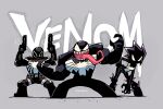  1girl 2boys absurdres agent_venom bent_over black_bodysuit black_hair bodysuit character_name claws dual_wielding glint grin gun hands_up highres holding holding_gun holding_weapon long_tongue looking_at_viewer mania_(marvel) marvel multiple_boys rariatto_(ganguri) smile spider-man_(series) spiked_belt spiked_hair tongue tongue_out twitter_username venom_(marvel) very_long_tongue weapon 