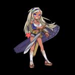  1girl belt black_background blonde_hair blue_shorts blush breasts cleavage clenched_teeth collarbone crop_top dark-skinned_female dark_skin detached_sleeves full_body halterneck headband highres holding holding_shield holding_sword holding_weapon large_breasts long_hair merc_storia merc_storia_art_team micro_shorts official_art pulmery_(merc_storia) purple_eyes reverse_grip sandals shield shin_guards shirt shorts sidelocks simple_background smile solo standing sword tachi-e tan teeth thighs weapon white_shirt 