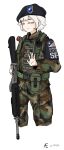  1girl assault_rifle belt belt_pouch beret black_hat brassard bulletproof_vest camouflage camouflage_jacket camouflage_pants closed_eyes closed_mouth colored_eyelashes commentary_request cropped_legs dated emblem green_belt gun hat highres holding holding_gun holding_weapon jacket korean_commentary long_sleeves m16 m16a1 m16a2 military military_combat_uniform military_fatigues military_jacket military_police military_uniform octagram original pants pouch rifle short_hair simple_background stencil_lettering user_dwmr8542 utility_belt weapon white_background white_hair woodland_camouflage 