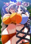  3girls :3 arms_up blue_shirt blue_sleeves breast_press breasts brown_hair chirizuka_ubame cleavage closed_eyes clothes_pull commentary_request covered_nipples crop_top curtained_hair detached_sleeves grey_eyes grey_hair groin hair_over_face highres holding holding_staff huge_breasts long_hair midriff monkey_tail multicolored_shirt multiple_girls navel no_nose no_panties one_eye_closed orange_shirt red_eyes sakata_nemuno sharp_teeth shirt skirt skirt_pull son_biten staff tail teeth touhou yassy 