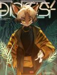 2021 5_fingers animal_print anthro clothed clothed_anthro clothed_male clothing ear_piercing ear_ring english_text felid fingers front_view hair hi_res jacket jewelry leaf male male_anthro mammal moonagvaze necklace piercing ring_piercing solo sweater text tiger_print topwear turtleneck
