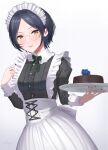  1girl :p apron bangs black_hair black_nails blush bow bowtie fingernails from_above glasses green_bow green_bowtie hayami_kanade highres holding holding_tray idolmaster idolmaster_cinderella_girls juliet_sleeves long_sleeves looking_at_viewer maid maid_apron maid_headdress nail_polish parted_bangs puffy_sleeves red-framed_eyewear short_hair shougun_(chuckni1) sleeve_cuffs smile solo tongue tongue_out tray underbust victorian_maid waist_apron white_apron yellow_eyes 