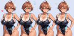  1girl :o ;d ahoge asanagi_shion bare_arms black_one-piece_swimsuit breasts brown_hair cleavage closed_eyes closed_mouth collarbone commentary_request competition_swimsuit covered_navel green_eyes grey_background grin hair_between_eyes hand_on_own_hip heart highres large_breasts looking_at_viewer multiple_views one-piece_swimsuit one_eye_closed open_mouth original shiny_skin short_hair smile solo standing swimsuit tan tanlines teeth wavy_mouth 