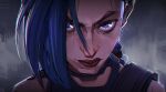 1girl absurdres arcane:_league_of_legends arcane_jinx asymmetrical_bangs bangs bare_shoulders blue_hair braid close-up closed_mouth english_commentary face gradient gradient_background grey_background highres jinx_(league_of_legends) league_of_legends leonlim_(leon) long_hair looking_at_viewer red_lips solo twin_braids 