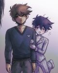  2boys absurdres antenna_hair barefoot black_eyes blue_sweater blush brown_hair collarbone colored_skin commentary dark-skinned_male dark_skin double-parted_bangs dual_persona english_commentary grey_pants hair_between_eyes hands_on_another's_arm hero_(faraway)_(omori) hero_(headspace)_(omori) hero_(omori) highres long_sleeves looking_at_viewer male_focus multiple_boys omori open_mouth pajamas pants purple_eyes purple_hair setosexual short_hair smile something_(omori) striped_clothes striped_pajamas striped_pants sweater vertical-striped_clothes vertical-striped_pajamas vertical-striped_pants white_pajamas white_pants white_skin 