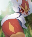  0711kdes anthro blush breasts butt cinderace female forest forest_background fur hi_res nature nature_background nintendo open_mouth plant pok&eacute;mon pok&eacute;mon_(species) pupils solo thick_thighs tree video_games white_body white_fur white_pupils 