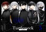  33_00oo 5boys absurdres artist_name asclepius_(fate) ascot black_ascot black_gloves black_hair buttons charlemagne_(fate) closed_mouth clothing_cutout collar commentary copyright_name ear_piercing english_text fate/grand_order fate_(series) frilled_collar frills fujimaru_ritsuka_(male) glove_cutout gloves grin hair_between_eyes harada_sanosuke_(fate) high_collar highres jacket jacket_on_shoulders jewelry kadoc_zemlupus light_frown light_smile long_hair looking_ahead looking_at_viewer looking_to_the_side male_focus mask mouth_mask multicolored_hair multiple_boys multiple_necklaces necklace open_clothes open_jacket open_mouth piercing red_hair removing_glove short_hair sideways_glance smile star_(symbol) streaked_hair turtleneck twitter_username two-tone_hair upper_body white_hair yellow_eyes 