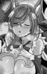  1boy 1girl animal_ear_fluff animal_ears areolae bangs bare_shoulders blush breasts close-up closed_eyes detached_sleeves extra_ears french_kiss galleon_(granblue_fantasy) granblue_fantasy greyscale hair_over_one_eye hetero himuro_shunsuke horns huge_breasts kiss large_breasts monochrome pointy_ears saliva saliva_trail solo_focus sweat upper_body 