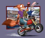 all_fours anthro bottomwear canid canine canis clenched_teeth clothed clothing digital_media_(artwork) disney duo female fox fur grey_body hi_res holding_object honda judy_hopps lagomorph leporid male mammal motorcycle nick_wilde open_mouth pants rabbit red_fox riding_motorcycle shirt sitting tail taka_studio teeth topwear true_fox vehicle worried worried_face worried_look zootopia