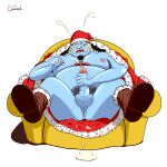  2019 anthro belly bernard_(pixiv) bodily_fluids christmas christmas_clothing christmas_headwear clothing cum ejaculation fish-men_(one_piece) genital_fluids genitals hat headgear headwear hi_res holidays humanoid_genitalia humanoid_hands humanoid_penis jinbe male marine moobs nipples one_piece overweight overweight_male penis pubes santa_hat sitting solo sweat 