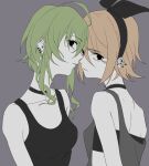  2girls black_bow black_choker black_eyes black_hairband black_tank_top black_tube_top bow breasts brown_hair choker commentary_request earclip earrings expressionless green_hair grey_background grey_tank_top gumi hair_bow hairband highres jewelry kagamine_rin medium_breasts medium_hair multiple_earrings multiple_girls parted_lips safety_pin short_hair sidelocks simple_background solid_eyes strapless tank_top tube_top vocaloid wounds404 