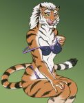  2019 anthro bra breasts clothing felid female green_background hi_res lord_magicpants mammal pantherine simple_background smile solo striped_body stripes tiger tongue tongue_out underwear 