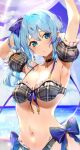  1girl armpits arms_up bangs bikini black_choker blue_bow blue_eyes blue_hair blush bow breasts choker commentary_request day detached_sleeves earrings eyebrows_visible_through_hair frilled_sleeves frills grey_bikini hair_ribbon highres hololive hoshimachi_suisei jewelry kasumi_komo long_hair looking_at_viewer medium_breasts navel ocean outdoors parted_lips plaid plaid_bikini ribbon side_ponytail solo star_(symbol) star_in_eye swimsuit symbol_in_eye thighhighs upper_body virtual_youtuber 