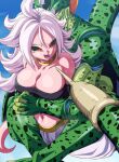  1boy 1girl android_21 black_sclera breasts cell_(dragon_ball) cleavage colored_sclera colored_skin dragon_ball dragon_ball_fighterz dragon_ball_z earrings hoop_earrings jewelry large_breasts leg_lock long_hair majin_android_21 midriff navel peril pink_skin pointy_ears red_eyes restrained rom_(20) stinger sweat tail white_hair 
