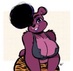  2022 anthro avoid_posting big_breasts black_hair black_nose breasts cleavage clothed clothing curvaceous curvy_figure eyebrows female fur hair looking_at_viewer mammal purple_body purple_eyes purple_fur signature simple_background smile smiling_at_viewer solo themadcatter thick_eyebrows thick_thighs ursid voluptuous white_background wide_hips 