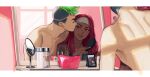  1boy 1girl 2gou absurdres apex_legends arm_tattoo back bag bottle collarbone dark-skinned_female dark_skin facial_hair green_hair headband highres kiss kissing_cheek lifeline_(apex_legends) long_hair mirage_(apex_legends) mirror octane_(apex_legends) photo_(object) red_hair reflection smile stubble tattoo topless_male wattson_(apex_legends) white_headband 