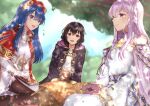  3girls absurdres bare_shoulders basket black_hair blue_eyes blue_hair blurry blurry_background book circlet collarbone commission depth_of_field dress elbow_gloves fire_emblem fire_emblem:_genealogy_of_the_holy_war fire_emblem:_the_binding_blade fire_emblem_heroes gloves highres julia_(fire_emblem) light_purple_hair lilina_(fire_emblem) long_hair long_sleeves looking_away morgan_(fire_emblem) morgan_(fire_emblem)_(female) multiple_girls nei_(aduma1120ponpon) open_book outdoors picnic picnic_basket purple_eyes robe skeb_commission tree white_gloves 