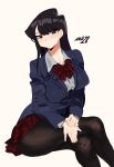  1girl absurdres artist_name bangs black_hair black_legwear blue_jacket blush bow bowtie breasts collared_shirt feet_out_of_frame highres jacket komi-san_wa_komyushou_desu komi_shouko large_breasts long_hair long_sleeves pantyhose plaid plaid_skirt pleated_skirt red_bow red_bowtie red_skirt shirt simple_background skirt solo striped striped_bow striped_bowtie white_background white_shirt whoopsatro 