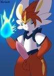  2022 absurd_res anthro balls big_penis blue_background blue_eyes bodily_fluids cinderace erection fan_character front_view genital_fluids genitals hair hand_on_hip hero_(the_real_hero) hi_res magic male multicolored_eyes nintendo penis pok&eacute;mon pok&eacute;mon_(species) precum red_hair signature simple_background smile solo standing two_tone_eyes varium video_games yellow_eyes 