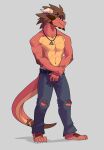  absurd_res anthro barefoot bottomwear brown_body clothed clothing draftgon dragon feet grey_background hi_res horn jewelry male necklace pants red_body scalie simple_background solo standing topless 
