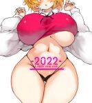  1girl 2022 black_hair blonde_hair breasts huge_breasts multicolored_hair navel open_mouth ribbon sachito short_hair simple_background solo streaked_hair thighhighs thighs toramaru_shou touhou two-tone_hair underboob white_background yellow_eyes 