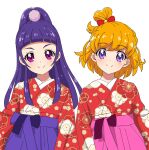  2girls asahina_mirai bangs blue_hair blunt_bangs closed_mouth commentary eyebrows_visible_through_hair floral_print hair_ornament hair_ribbon hakama highres izayoi_liko japanese_clothes kimono kousuke0912 long_hair looking_at_viewer mahou_girls_precure! messy_hair multiple_girls one_side_up orange_hair pink_eyes pink_hakama precure print_kimono purple_eyes purple_hakama red_kimono red_ribbon ribbon short_hair simple_background smile standing straight_hair white_background 