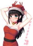  1girl :p absurdres armpits arms_up artist_name bangs bare_shoulders bell black_hair blue_eyes blush breasts choker christmas cielo_(cielo000328) cleavage closed_mouth commentary_request double_v dress fur-trimmed_dress fur_trim gloves hat highres long_hair looking_at_viewer medium_breasts merry_christmas neck_bell original red_choker red_dress red_gloves red_headwear santa_costume santa_dress santa_gloves santa_hat sidelocks simple_background smile solo standing tongue tongue_out translated v white_background 