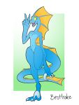  3_toes absurd_res beak bestbake blue_body dragon feet female gesture green_eyes hi_res kobold long_neck long_tail looking_at_another membrane_(anatomy) reptile scalie simple_background small_waist smile snake solo talons thick_tail thick_thighs toes v_sign wide_hips 